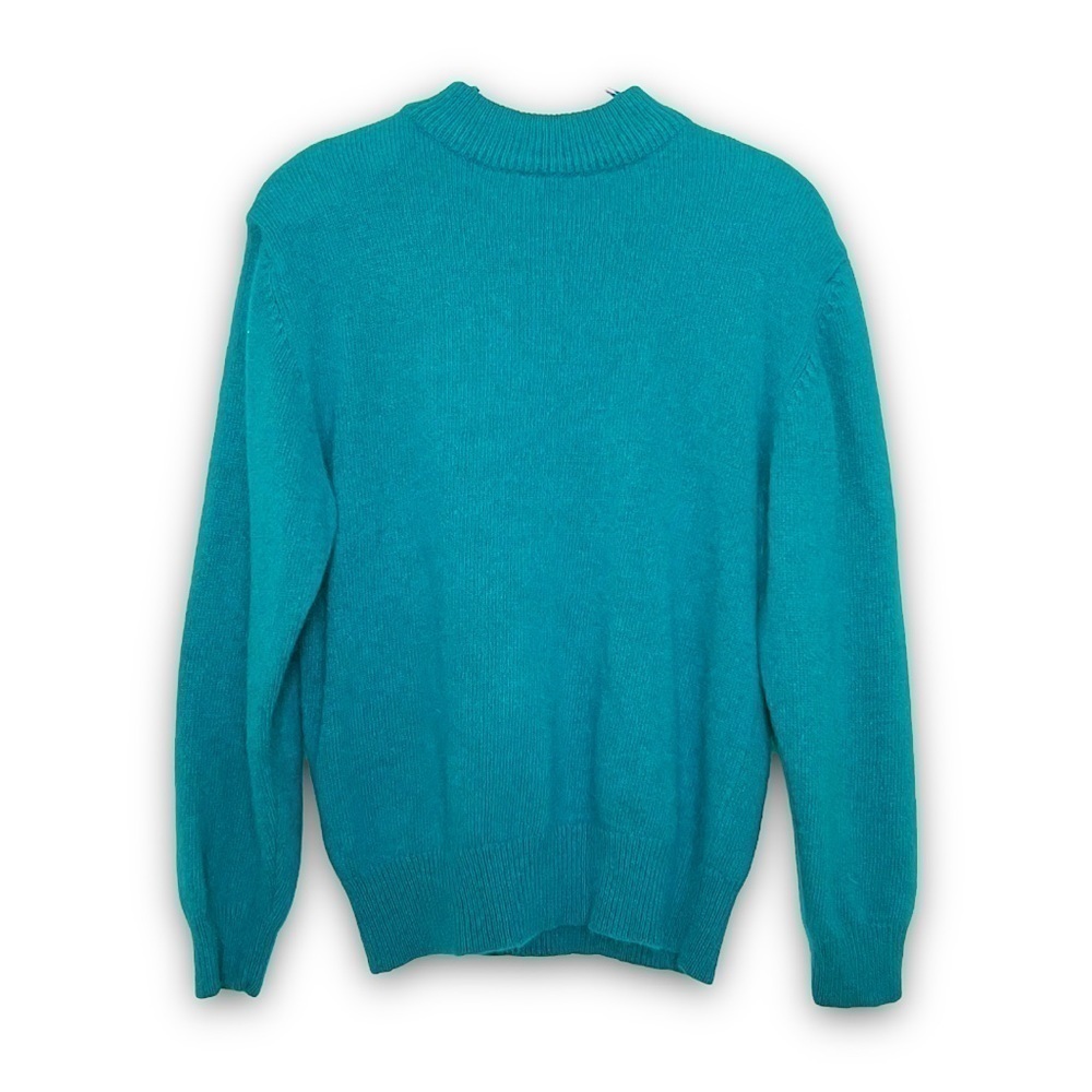 VINTAGE 80s Angora & Wool Teal Fuzzy‎ Knit Mockneck Rib Trim Pullover Sweater S